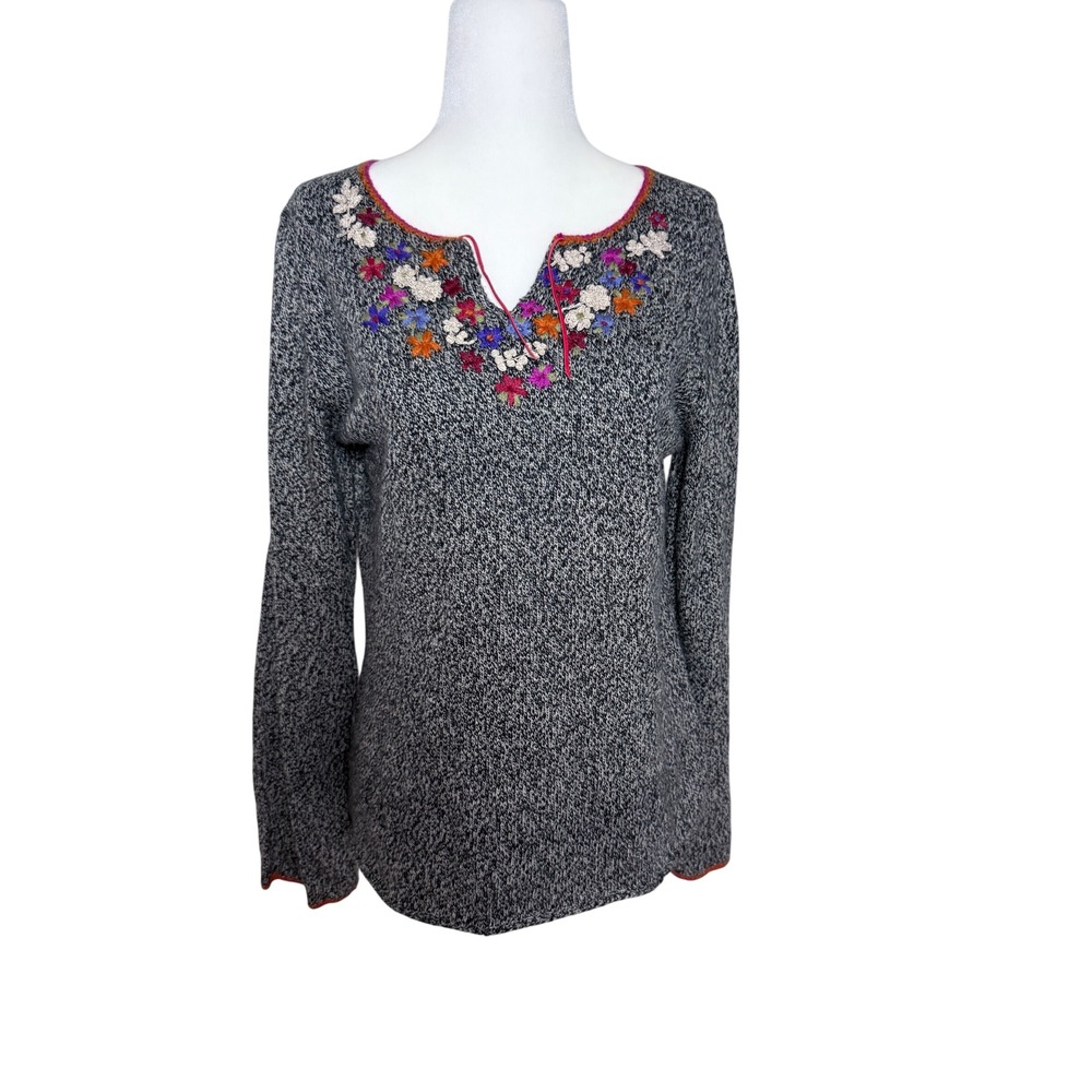 Vintage Sigrid Olsen‎ Sport Embroidered Cotton Blend Sweater Boho Gray